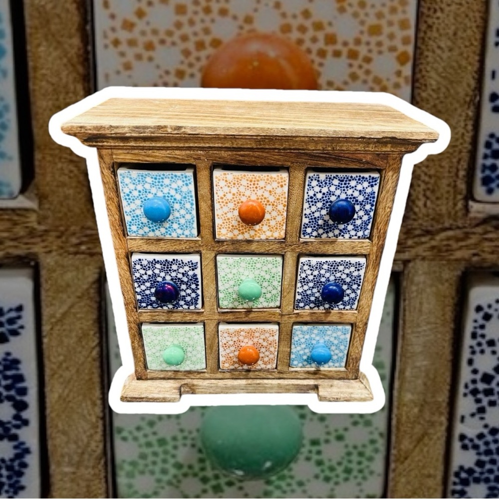 Wooden handcrafted 9 drawer ceramic spice rack.